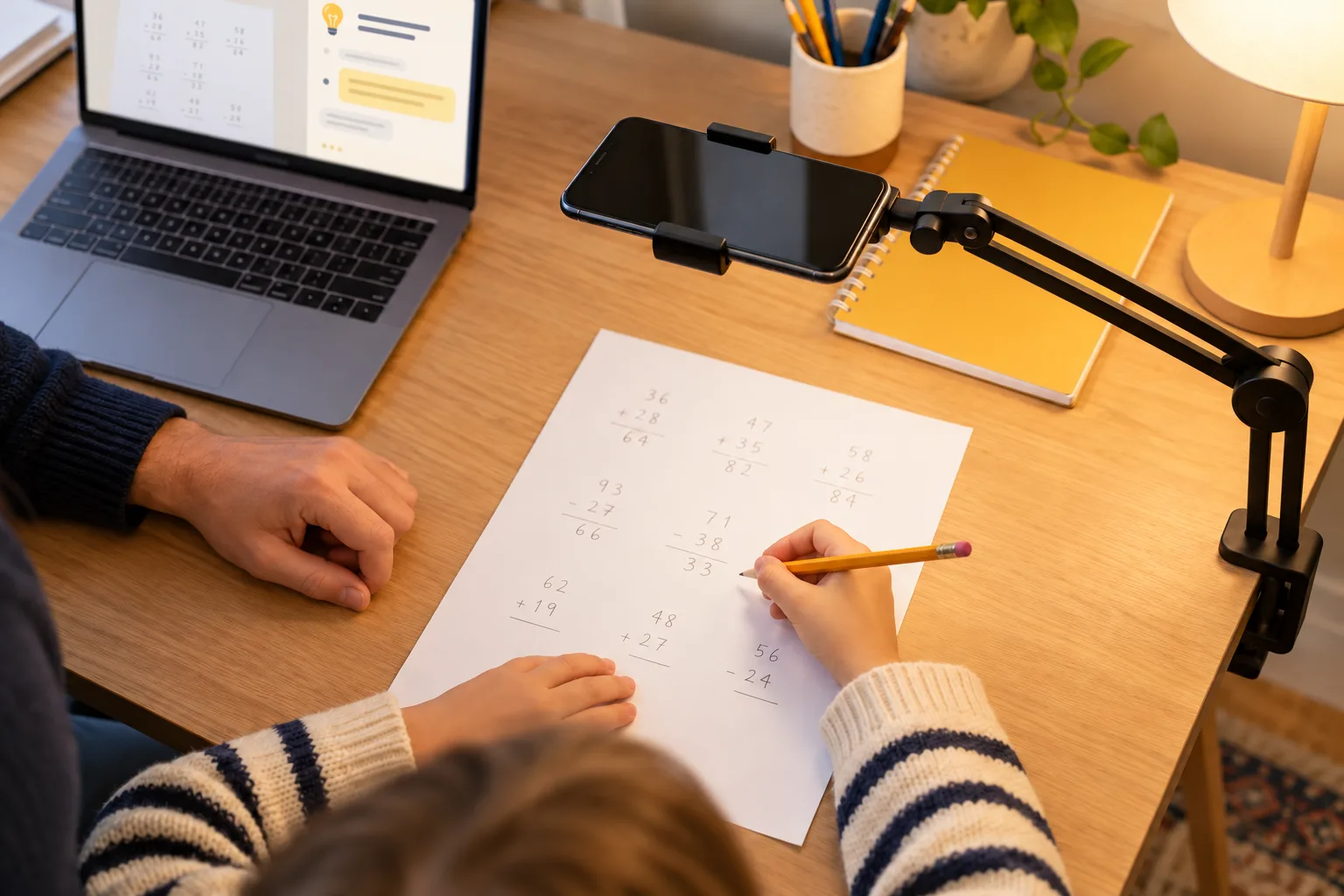 A phone held above a worksheet on an arm beside a laptop, with space underneath for the child to write.