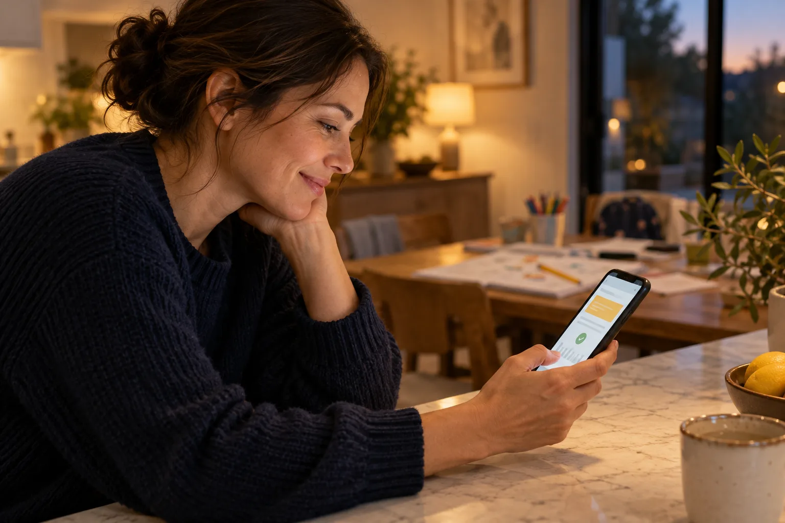 A parent smiles while reading a session report on her phone in the kitchen.